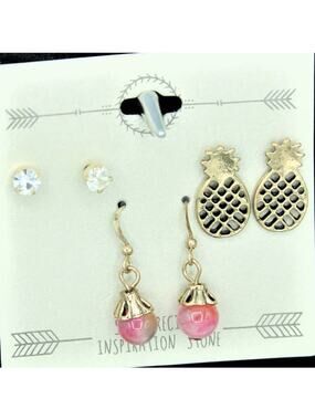 Gold Dangle Stud Earrings Pink Tiger's Eye Crystal Set ~ NEW
